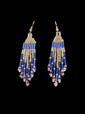 Artisan Handmade Beaded Dangle Earrings Royal Blue Clear Beads Boho